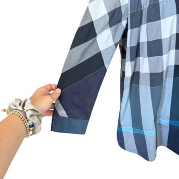 Burberry Brit Womens Cotton Checkered Print Button-Up Blouse Blue Size S Tunic - Picture 9 of 16